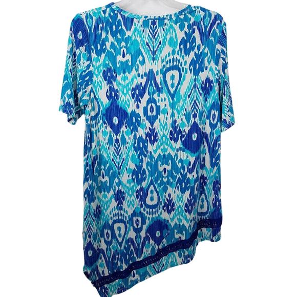 Chicos Top Asymmetrical Crochet-Hem Ikat Tunic Turquoise Blue Size 1 Medium - Picture 8 of 11